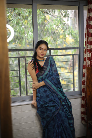 Navy Blue HBP Handloom Cotton Maheshwari Saree-SRNBKCMS11