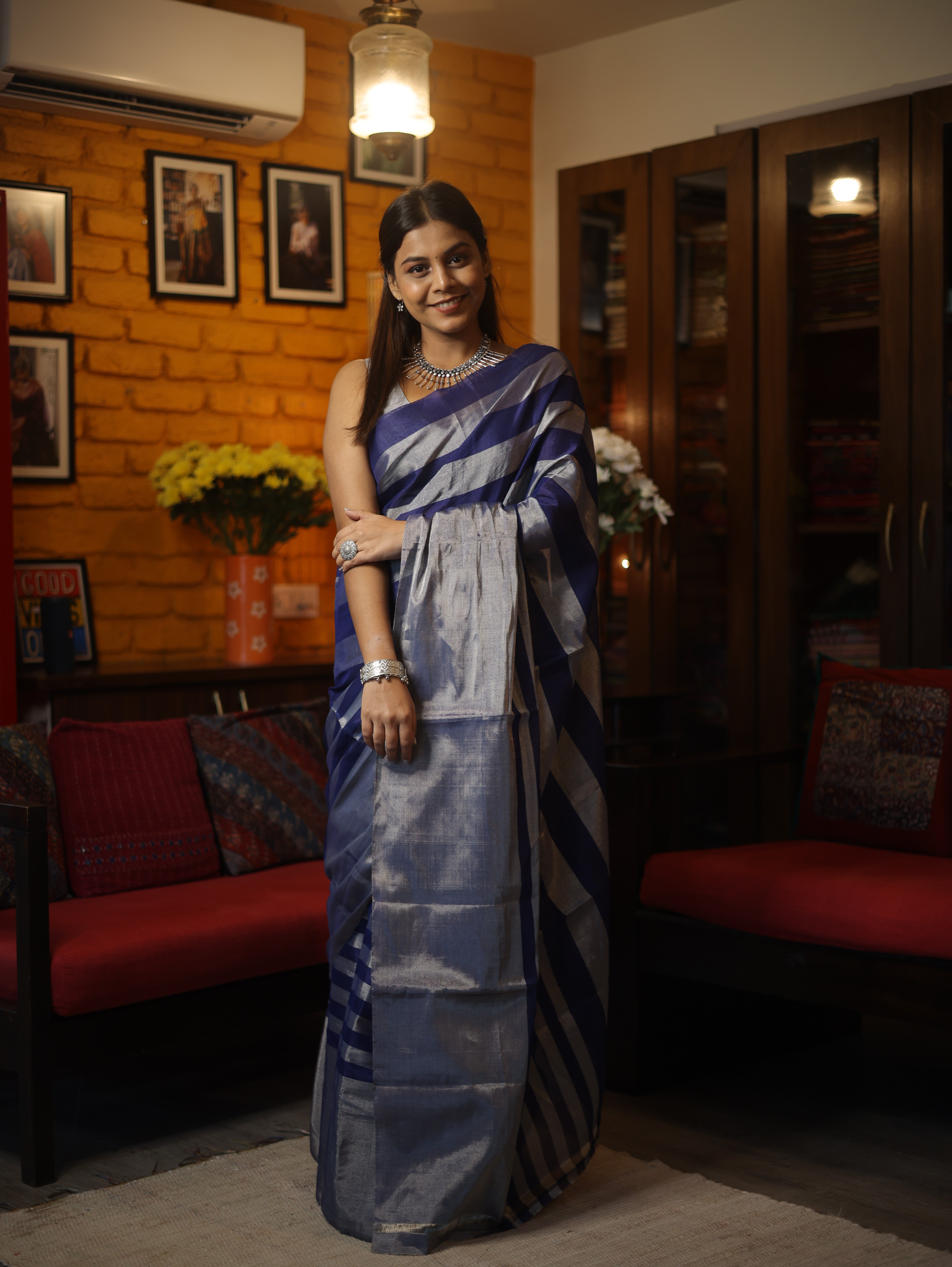 Grey Blue Chanderi Tissue Silk Saree-SRGBCTSS119