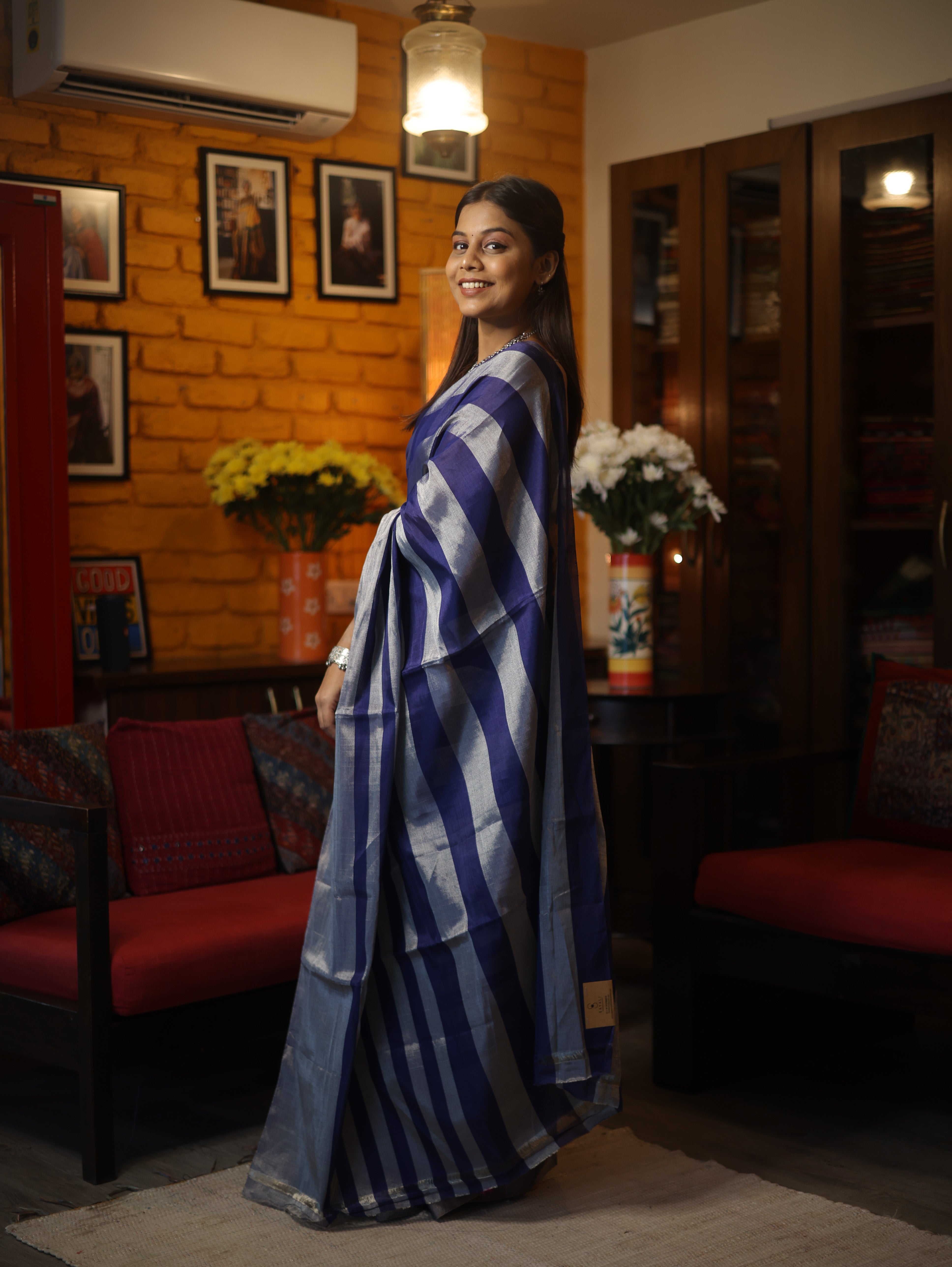 Grey Blue Chanderi Tissue Silk Saree-SRGBCTSS119