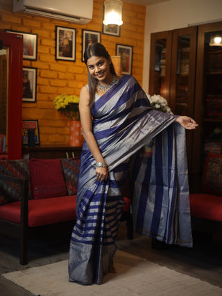 Grey Blue Chanderi Tissue Silk Saree-SRGBCTSS119