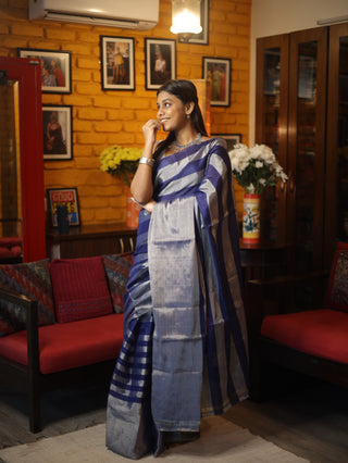 Grey Blue Chanderi Tissue Silk Saree-SRGBCTSS119