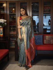 Dark Grey Kosa Tussar Silk Saree-SRDGKTSS852