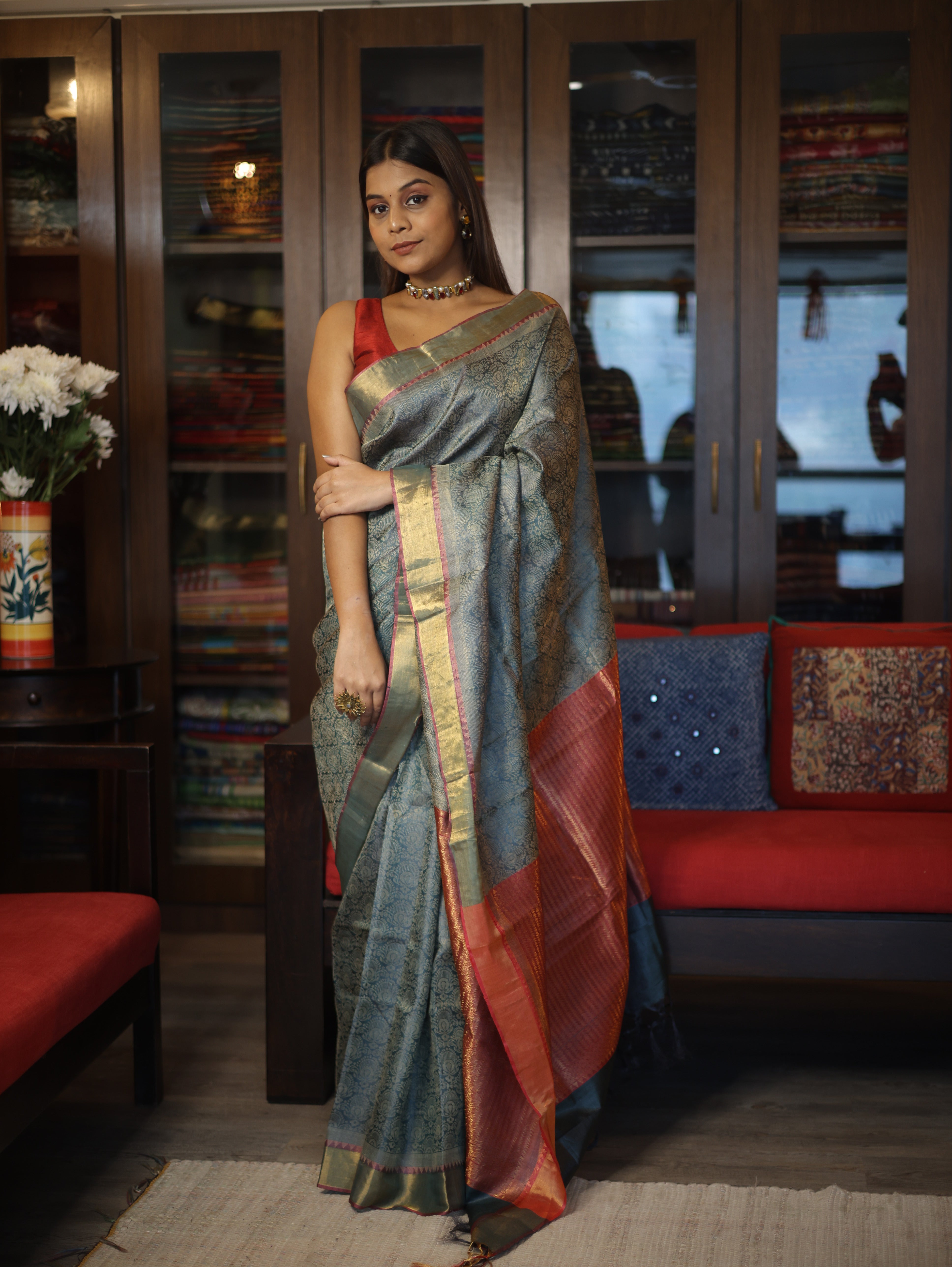 Dark Grey Kosa Tussar Silk Saree-SRDGKTSS852