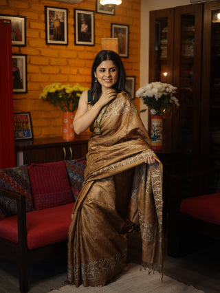 Gold Machine Embroidered Tussar Silk Saree-SRGMETSS789