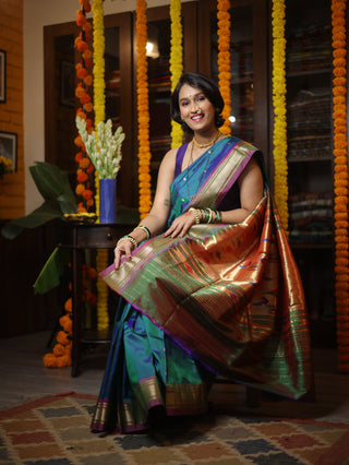 Peacock Blue Silk Paithani Saree - SRSPBSPS354