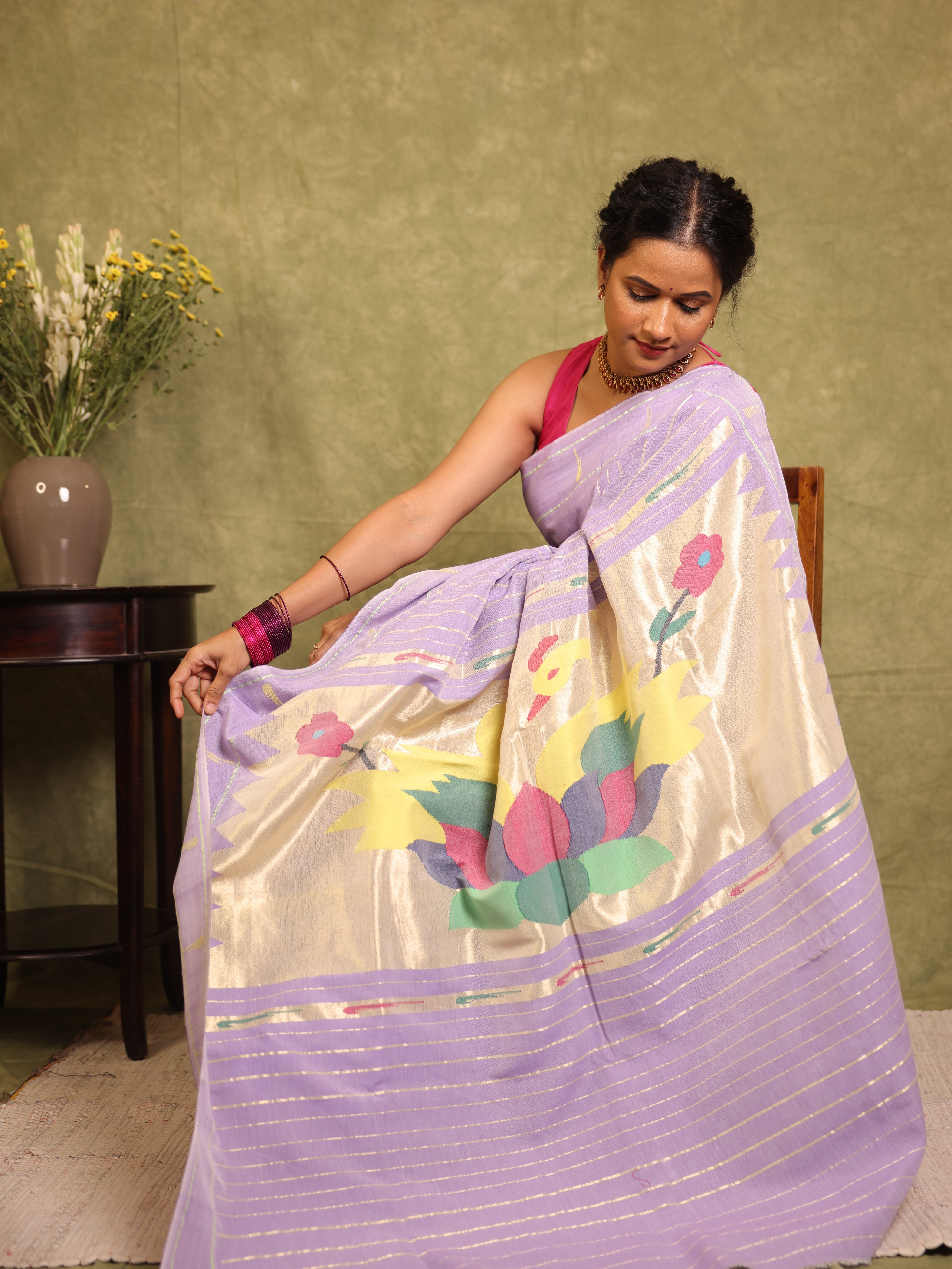 Lavender Cotton Paithani Saree - SRLCPS696