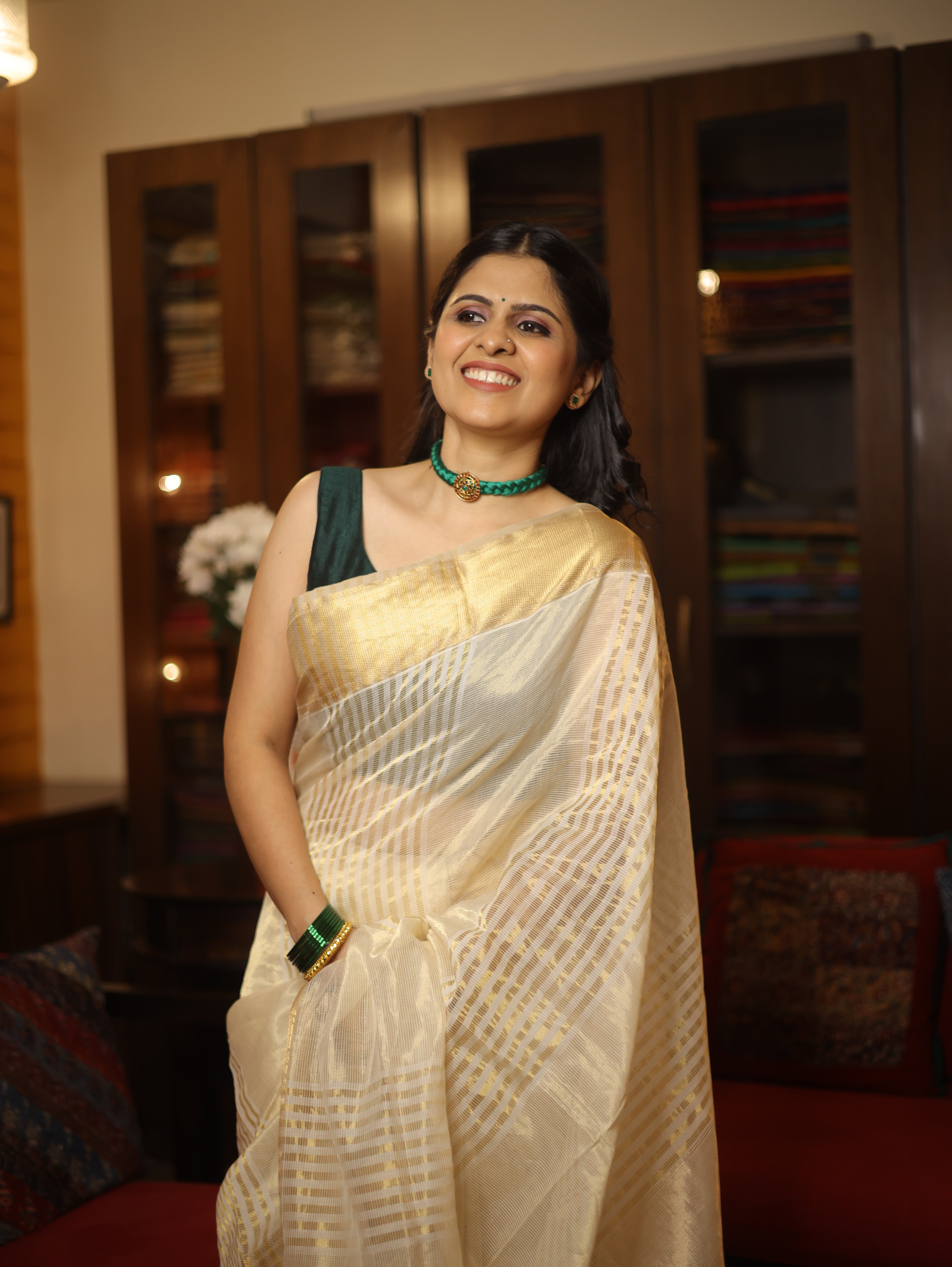 Cream Maheshwari Saree - SRCMS203