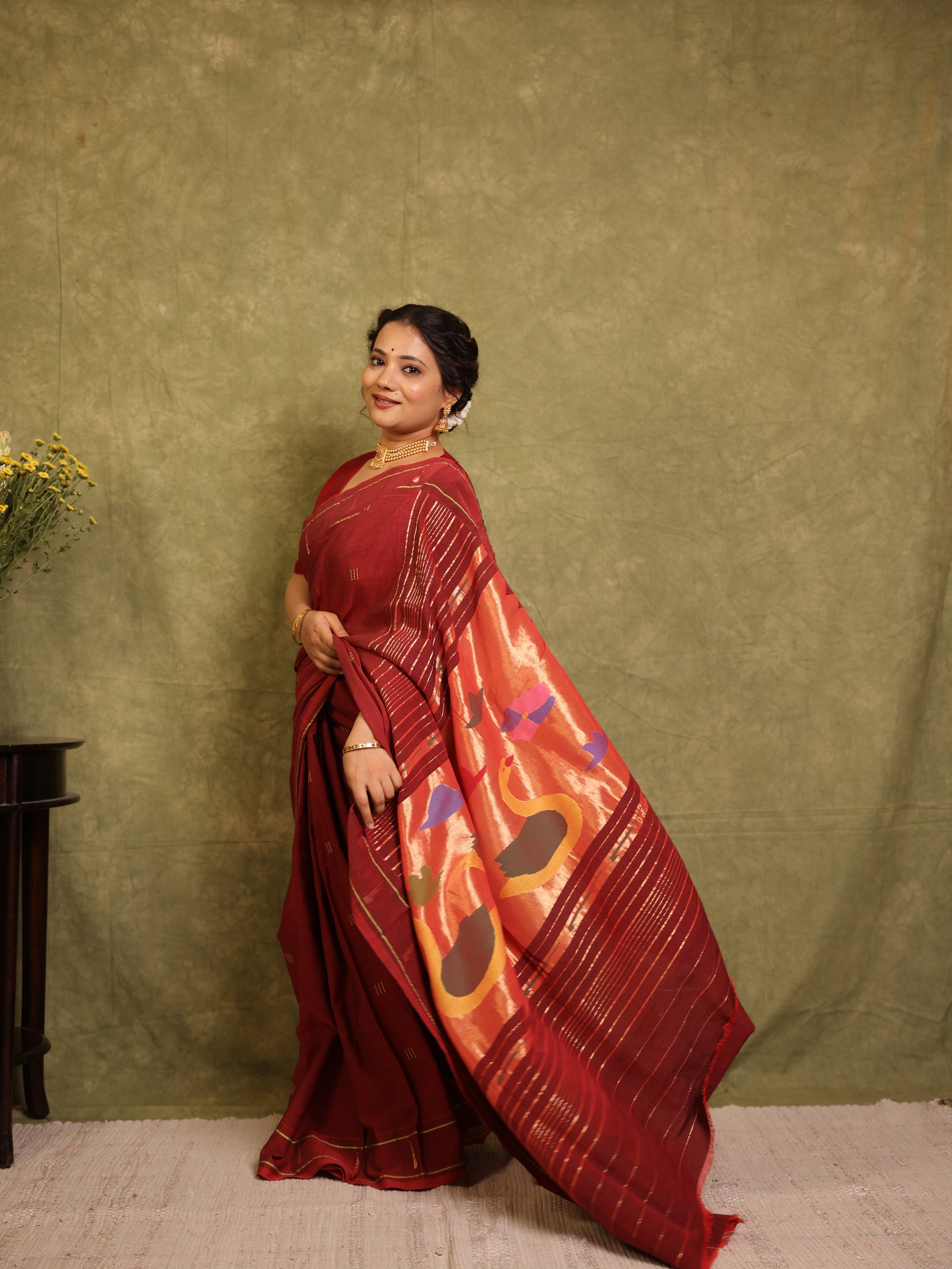 Maroon Cotton Paithani Saree - SRMCPS678