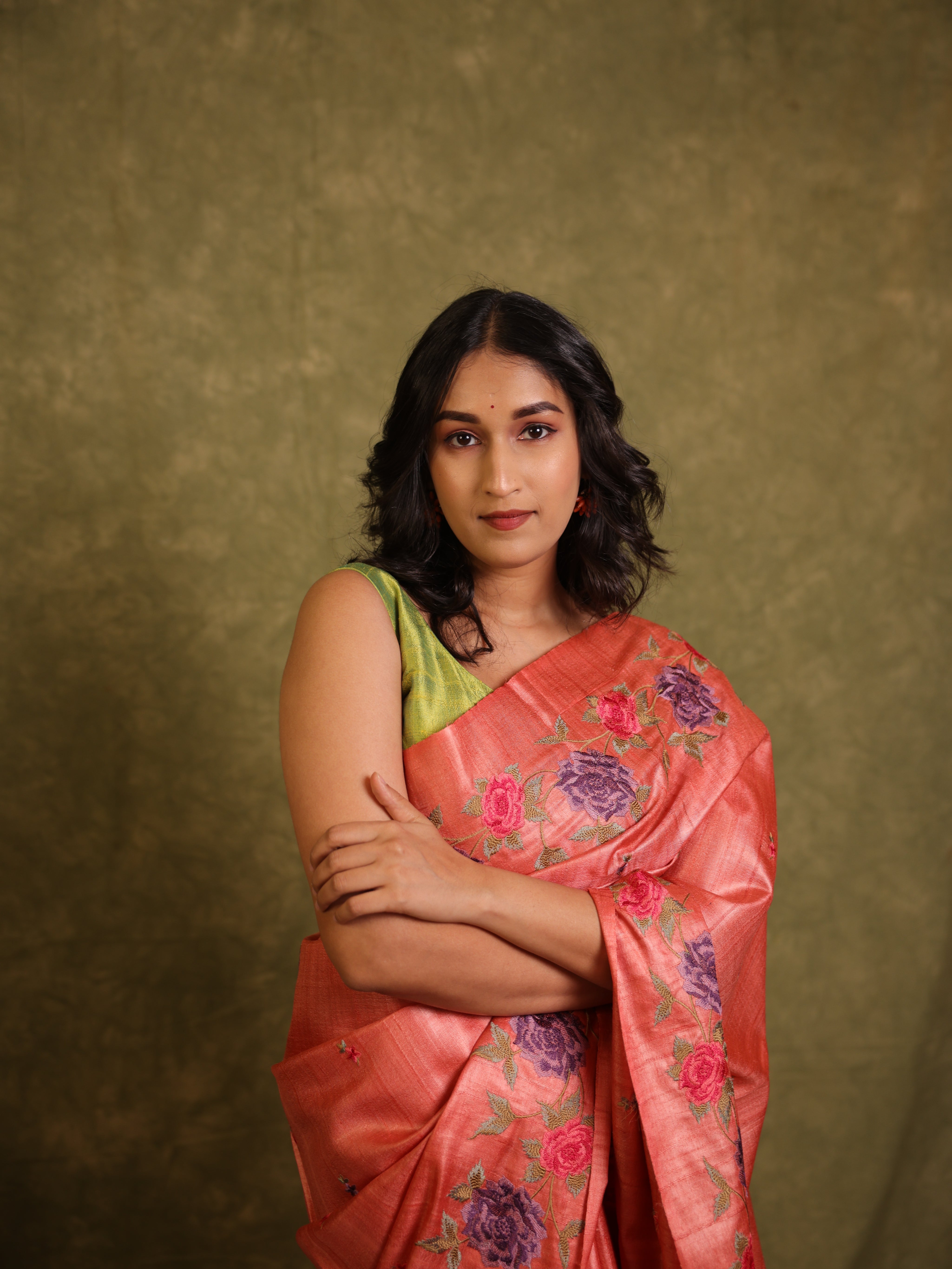 Pink Machine Embroidered Tussar Silk Saree - SRPMETSS1512