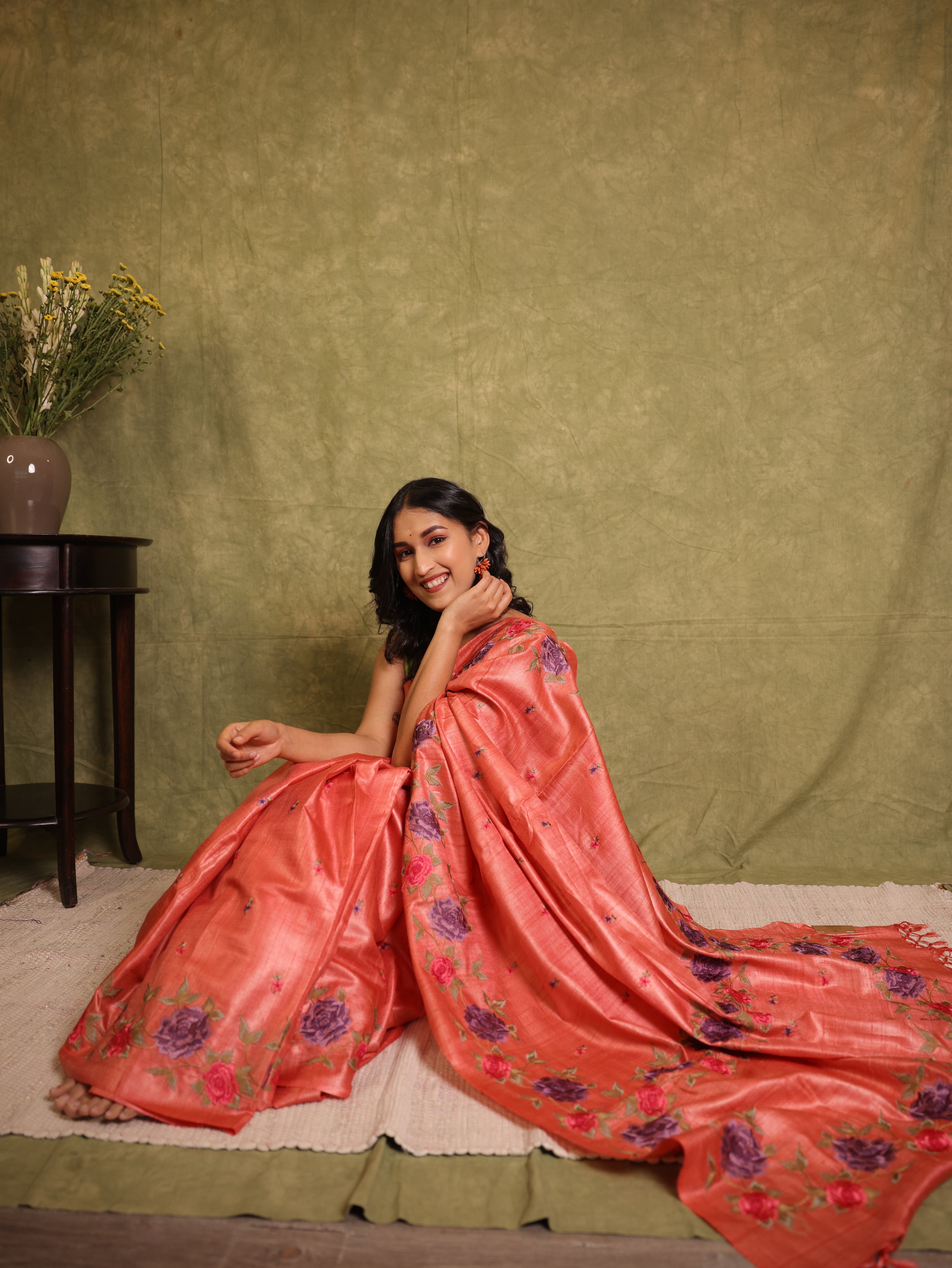 Pink Machine Embroidered Tussar Silk Saree - SRPMETSS1512