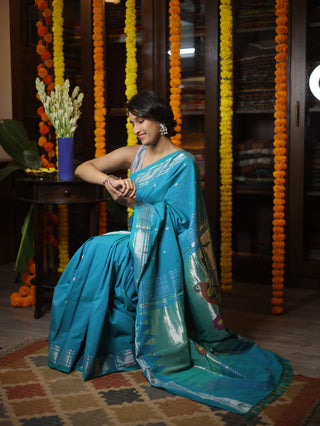 Teal Blue Cotton Paithani Saree - SRTBCPS419