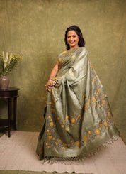 Sage Green Machine Embroidered Tussar Silk Saree - SRSGMETSS1547