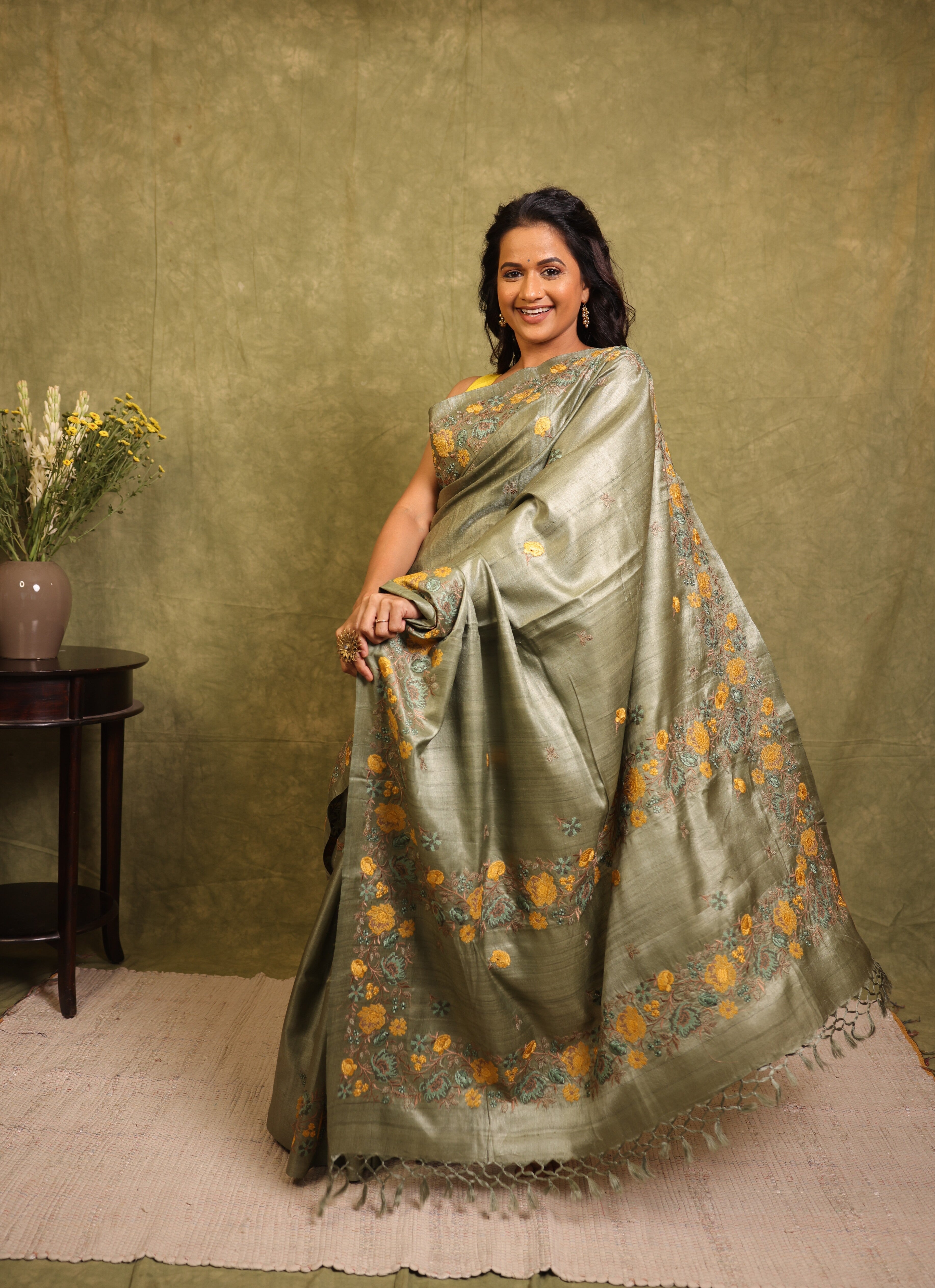 Sage Green Machine Embroidered Tussar Silk Saree - SRSGMETSS1547