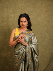 Sage Green Machine Embroidered Tussar Silk Saree - SRSGMETSS1547
