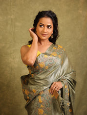 Sage Green Machine Embroidered Tussar Silk Saree - SRSGMETSS1547