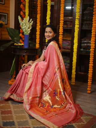 Red Cotton Paithani Saree - SRRCPS445