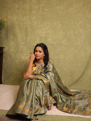 Sage Green Machine Embroidered Tussar Silk Saree - SRSGMETSS1547