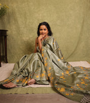 Sage Green Machine Embroidered Tussar Silk Saree - SRSGMETSS1547