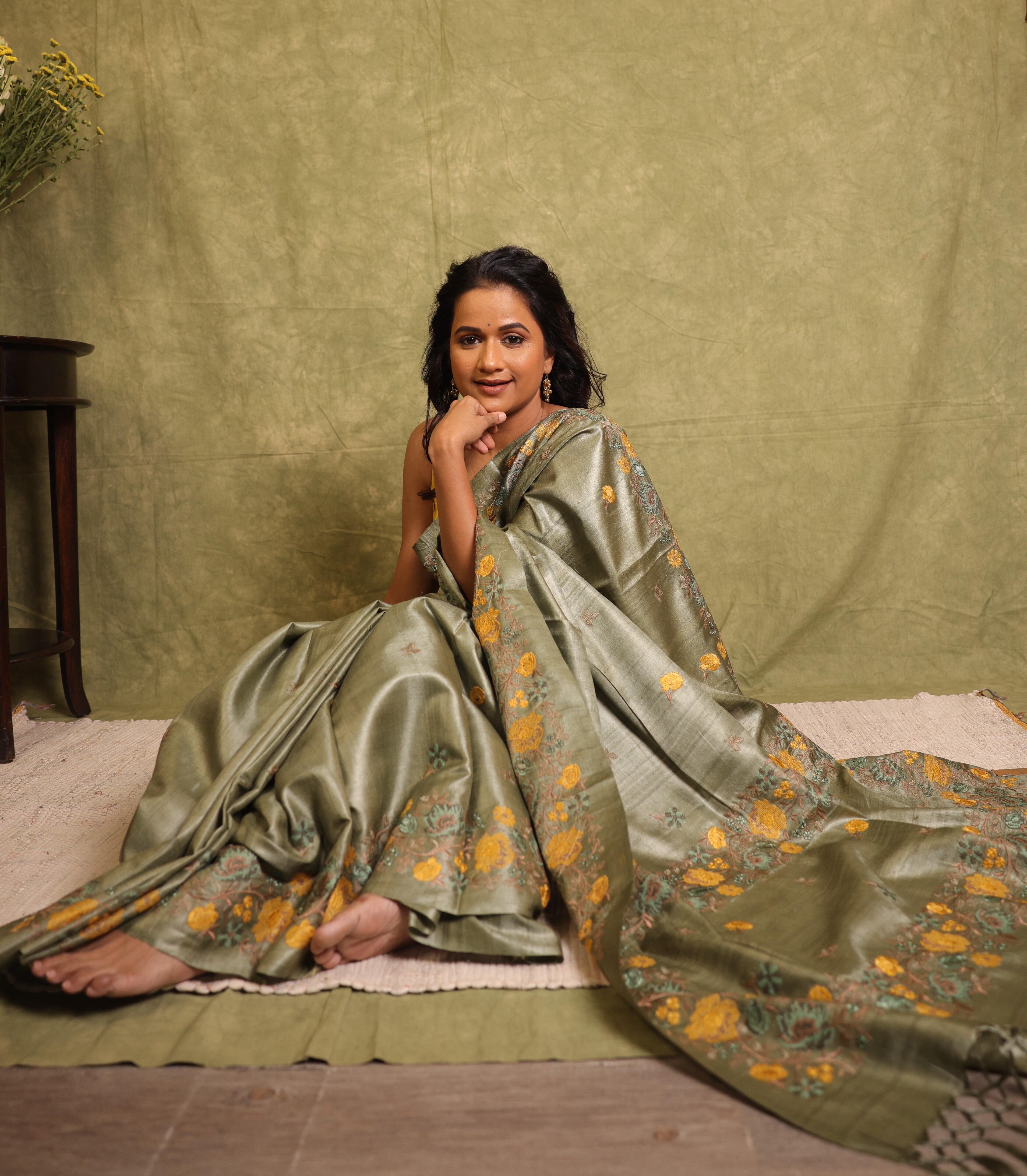 Sage Green Machine Embroidered Tussar Silk Saree - SRSGMETSS1547