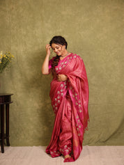 Pink Machine Embroidered Tussar Silk Saree - SRPMETSS1544
