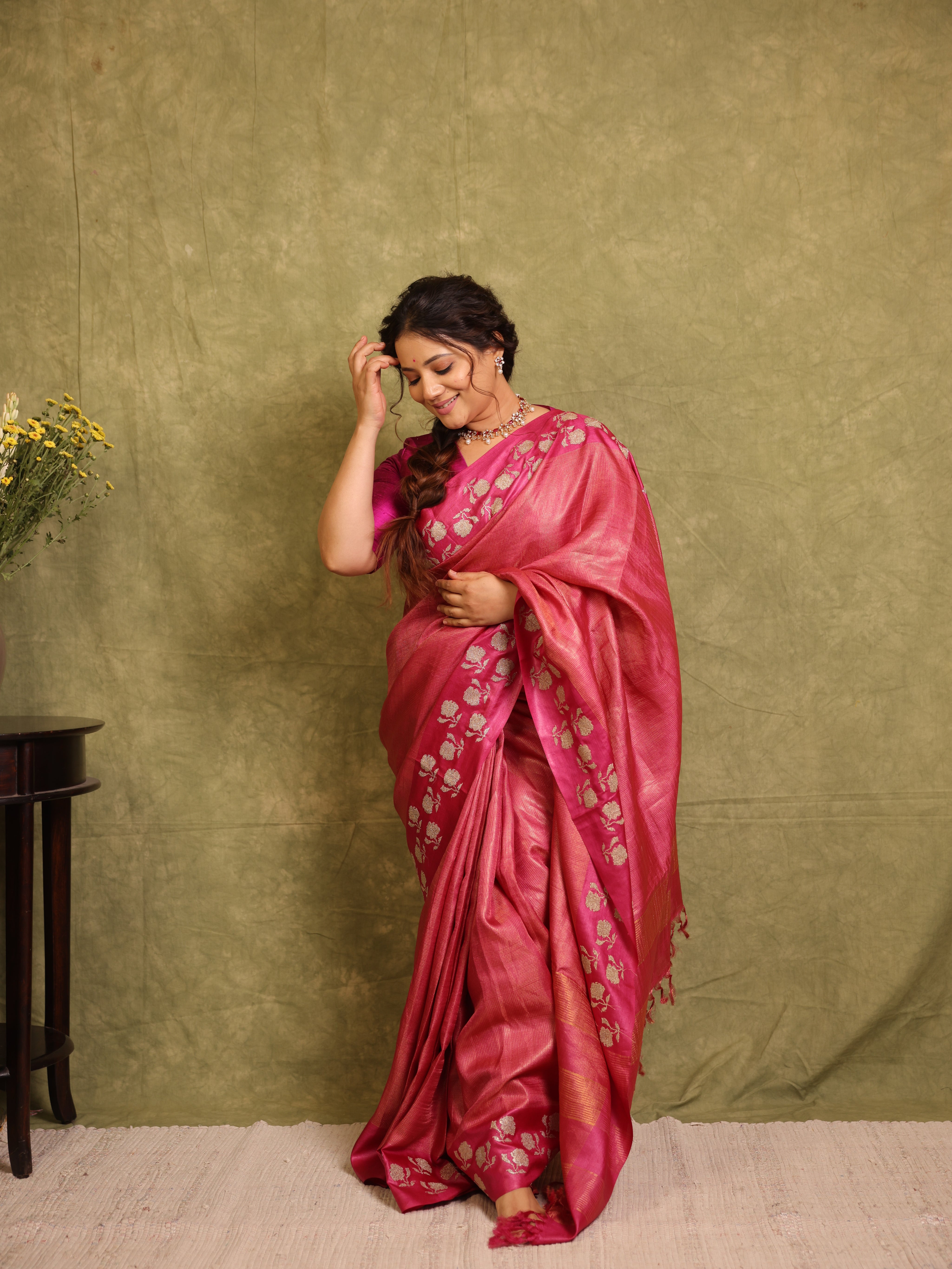 Pink Machine Embroidered Tussar Silk Saree - SRPMETSS1544