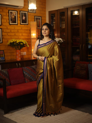 Yellow Plain Khun Saree With Blue Border-SRYPKS211