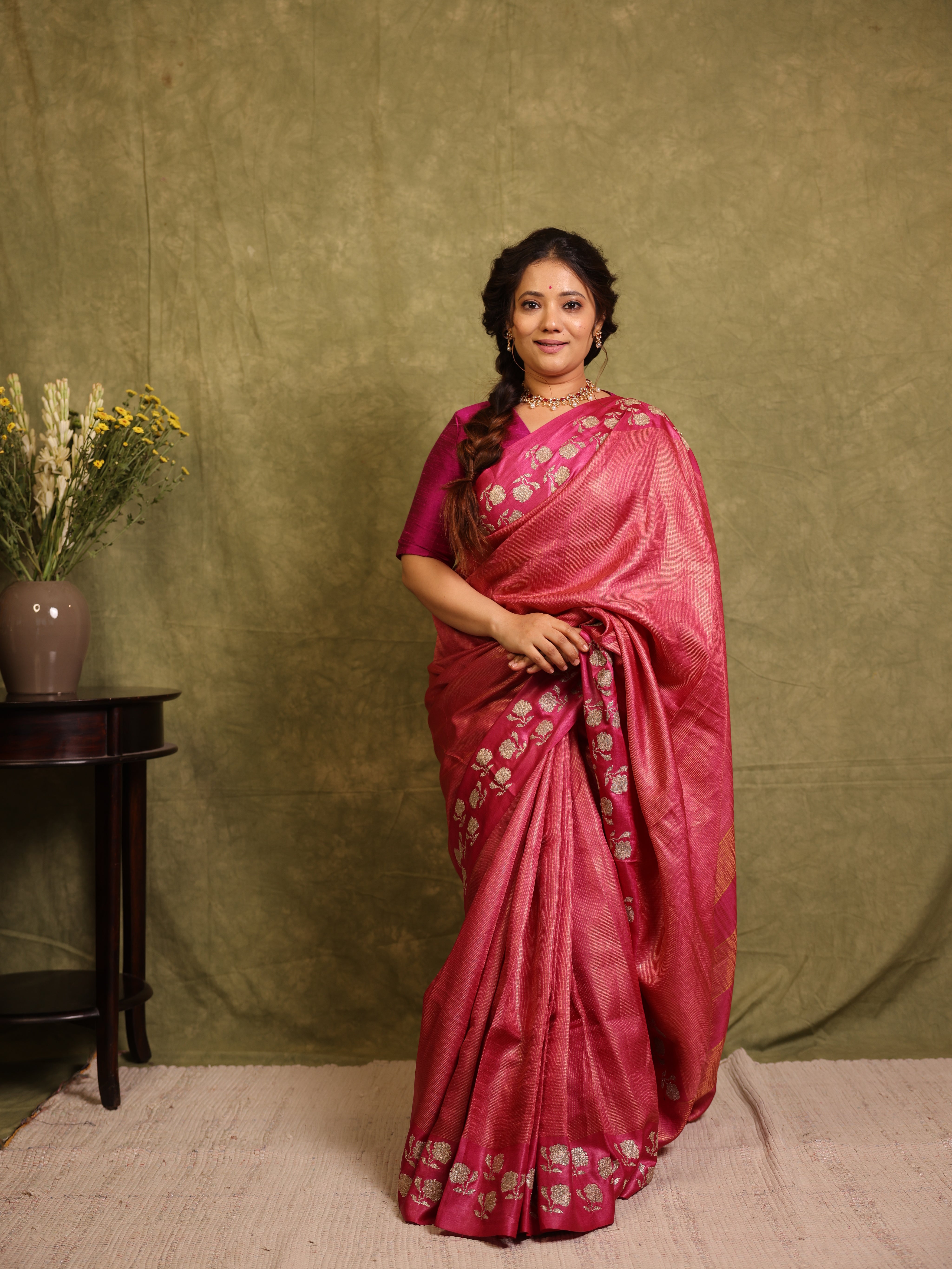 Pink Machine Embroidered Tussar Silk Saree - SRPMETSS1544