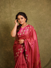 Pink Machine Embroidered Tussar Silk Saree - SRPMETSS1544