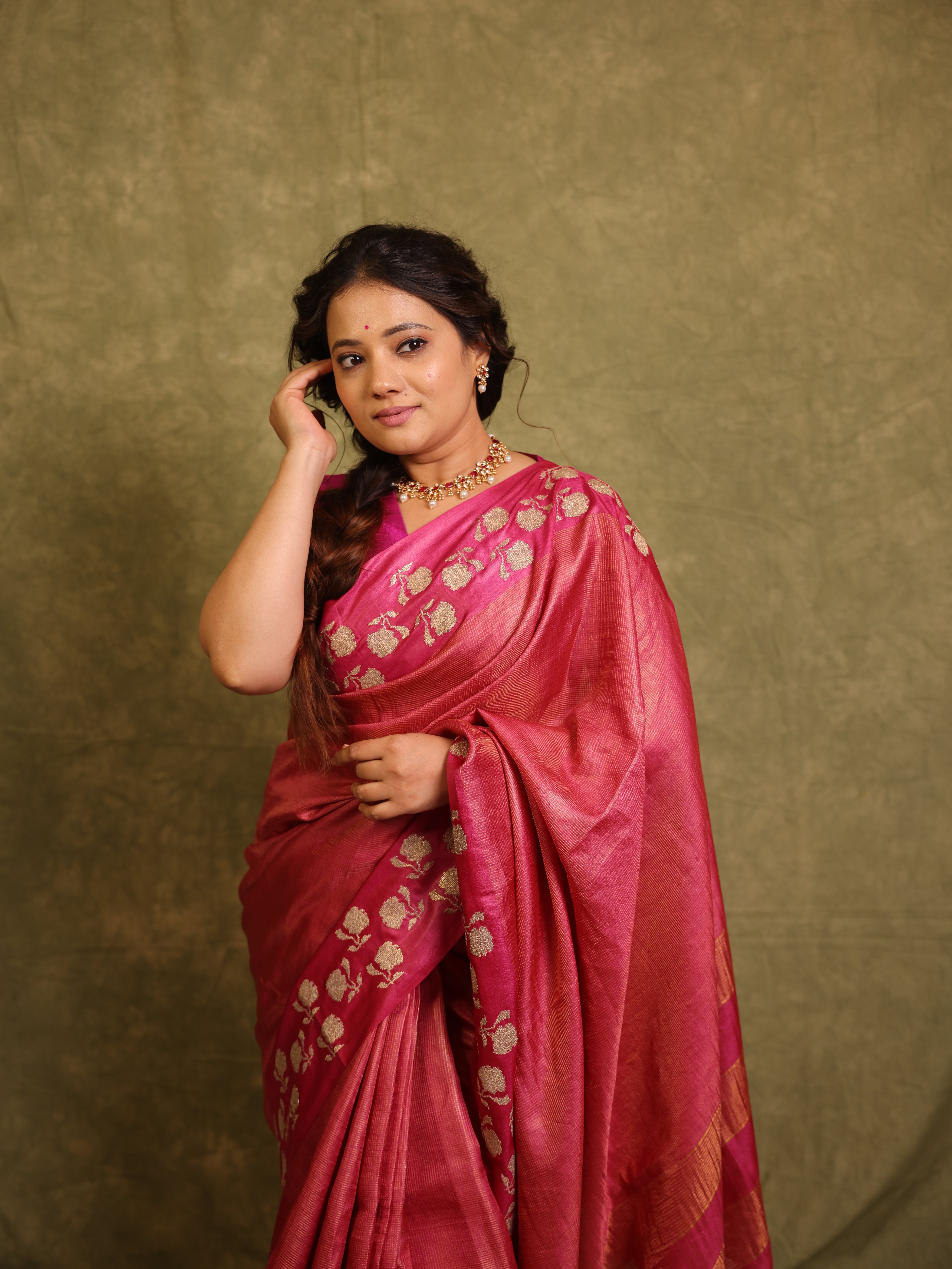 Pink Machine Embroidered Tussar Silk Saree - SRPMETSS1544