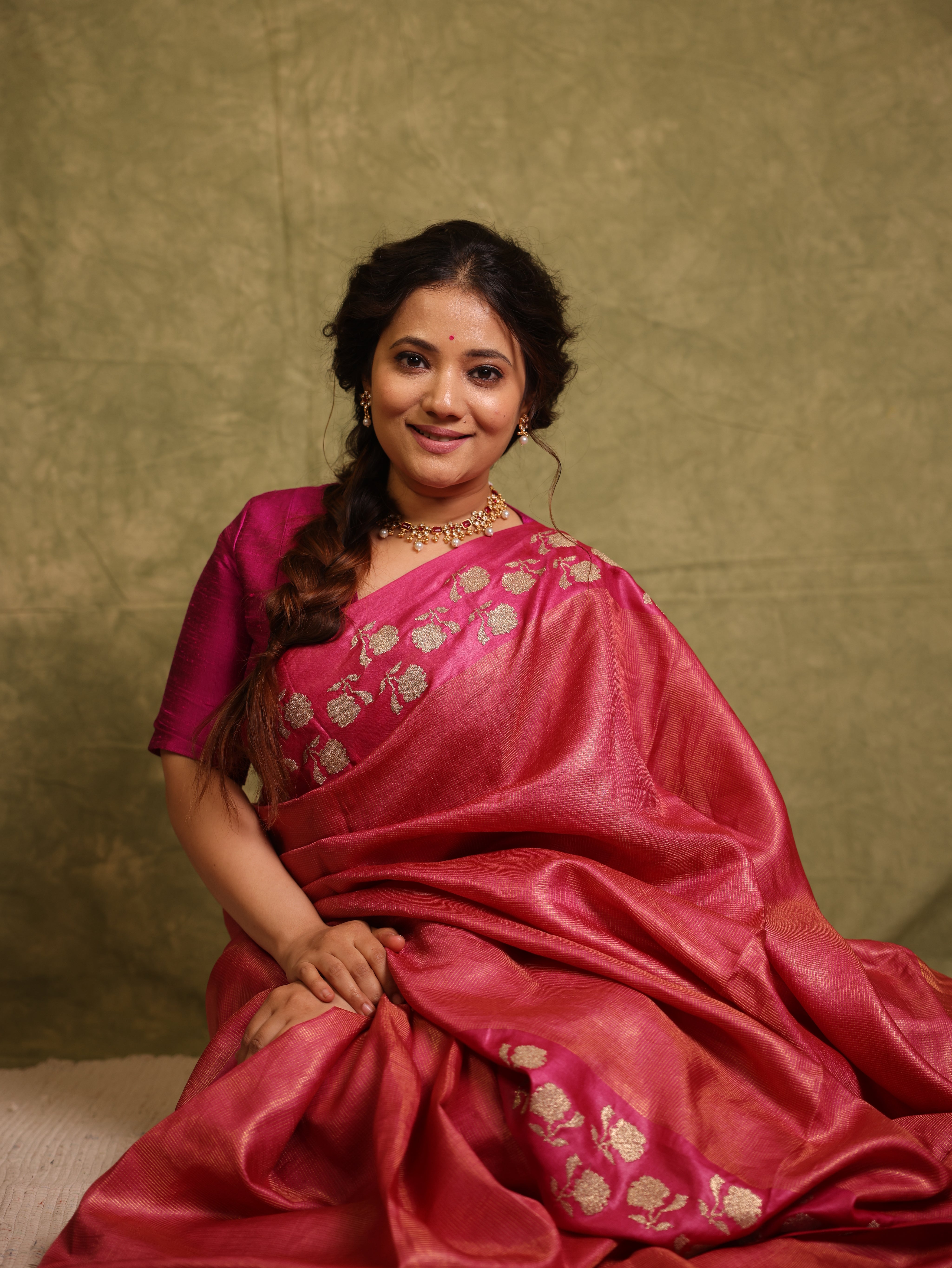 Pink Machine Embroidered Tussar Silk Saree - SRPMETSS1544