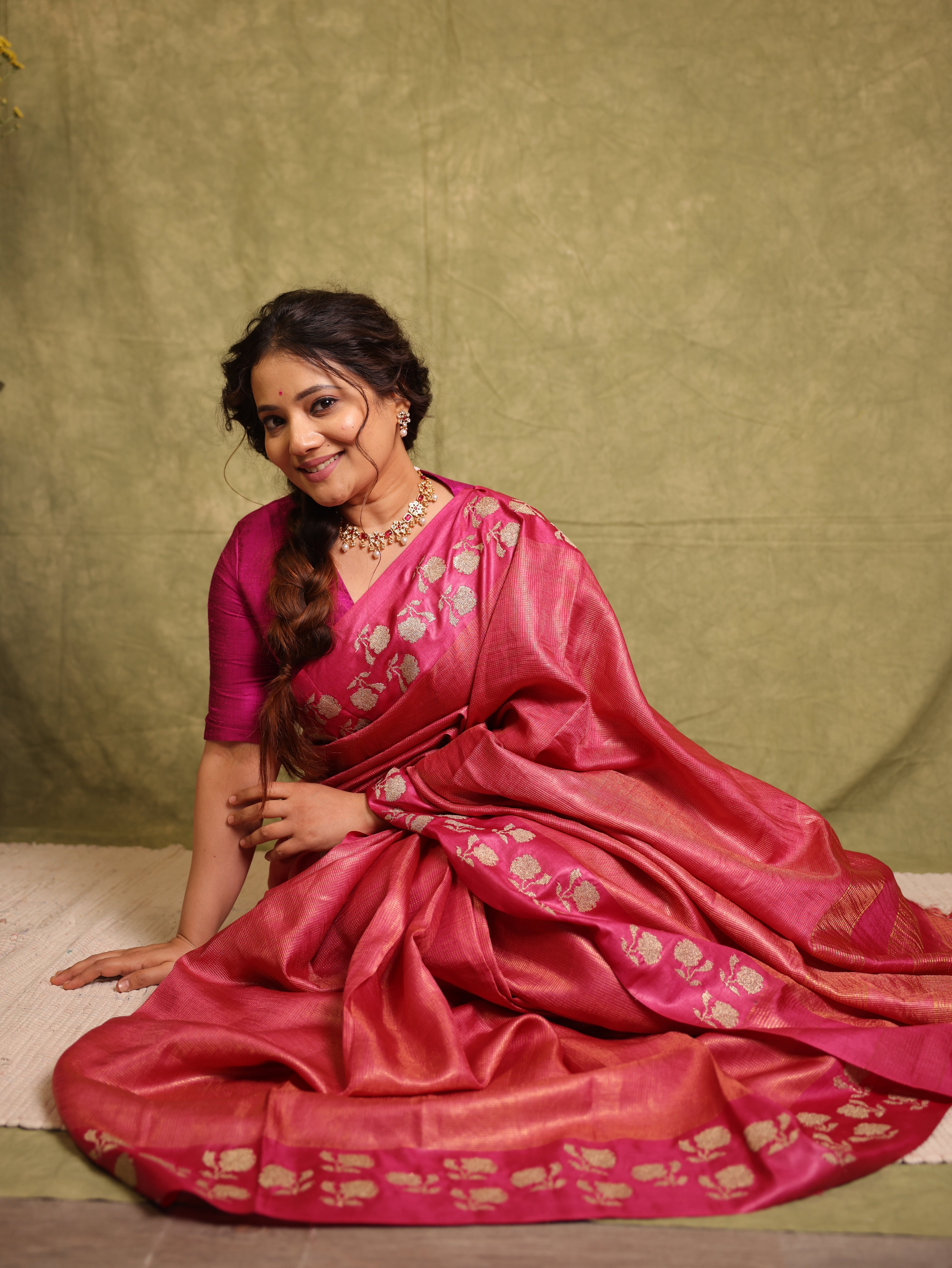 Pink Machine Embroidered Tussar Silk Saree - SRPMETSS1544