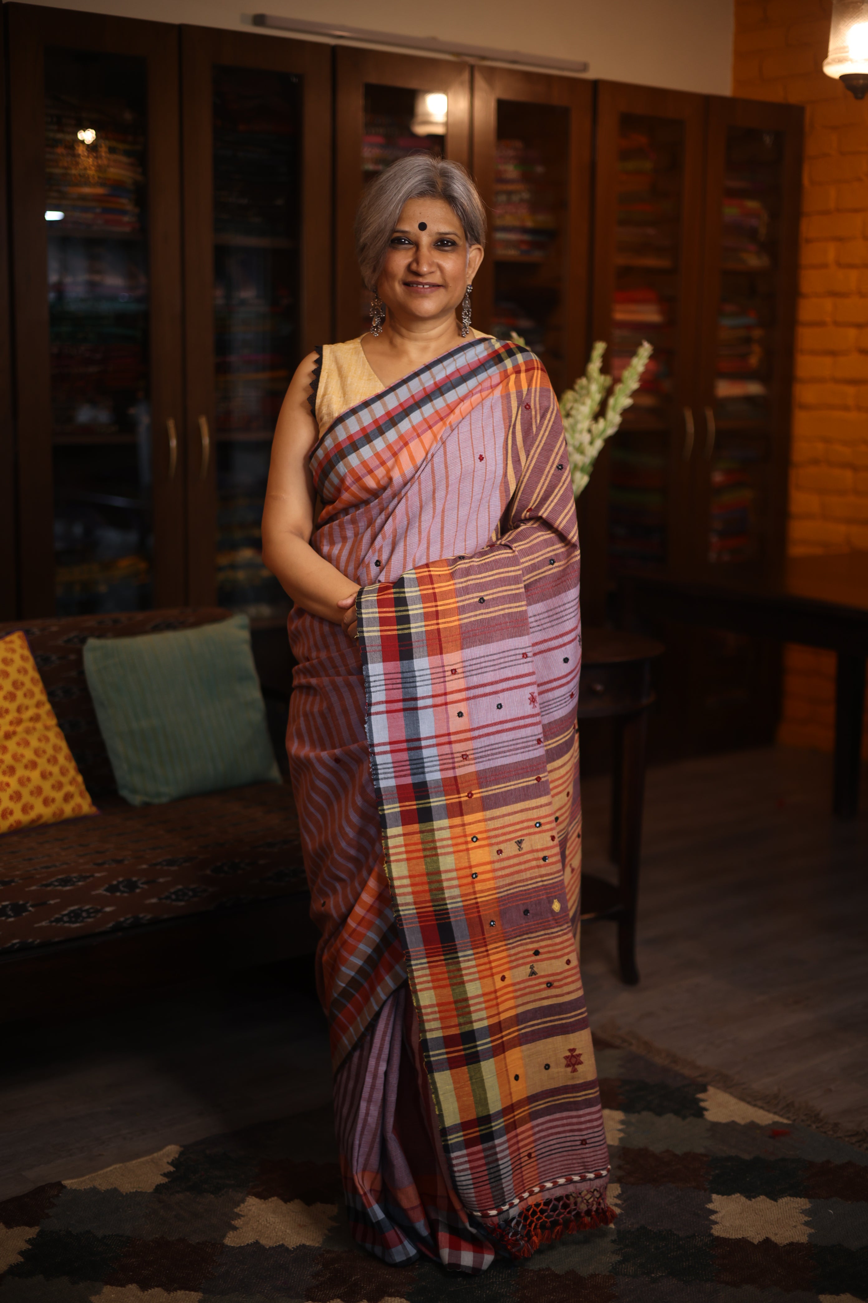 Lilac Cotton Bhujodi Saree with Mirror Work - SRLCBS8