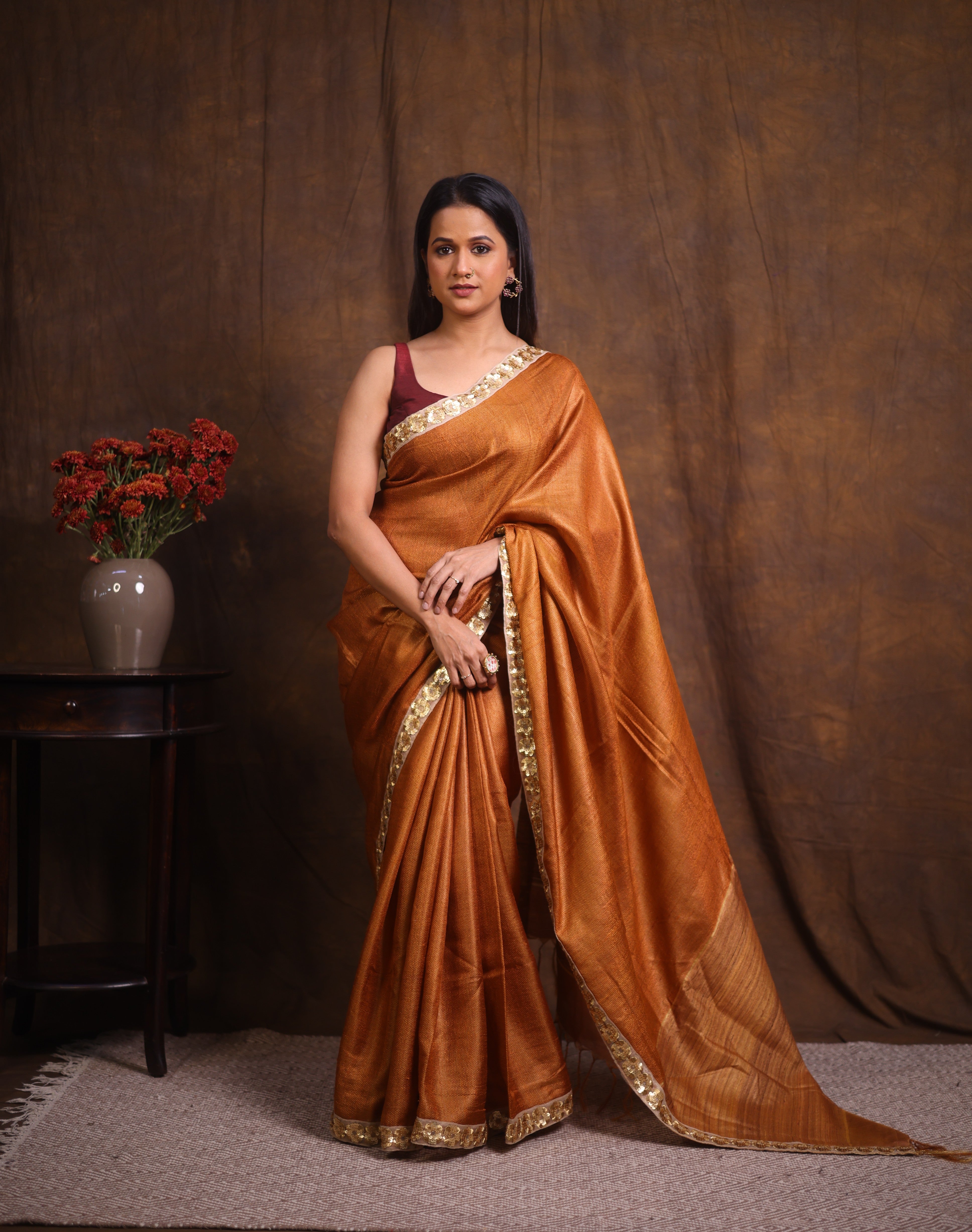 Brown Tussar Silk Saree With Lace - SRBTSSWL04