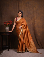 Brown Tussar Silk Saree With Lace - SRBTSSWL04