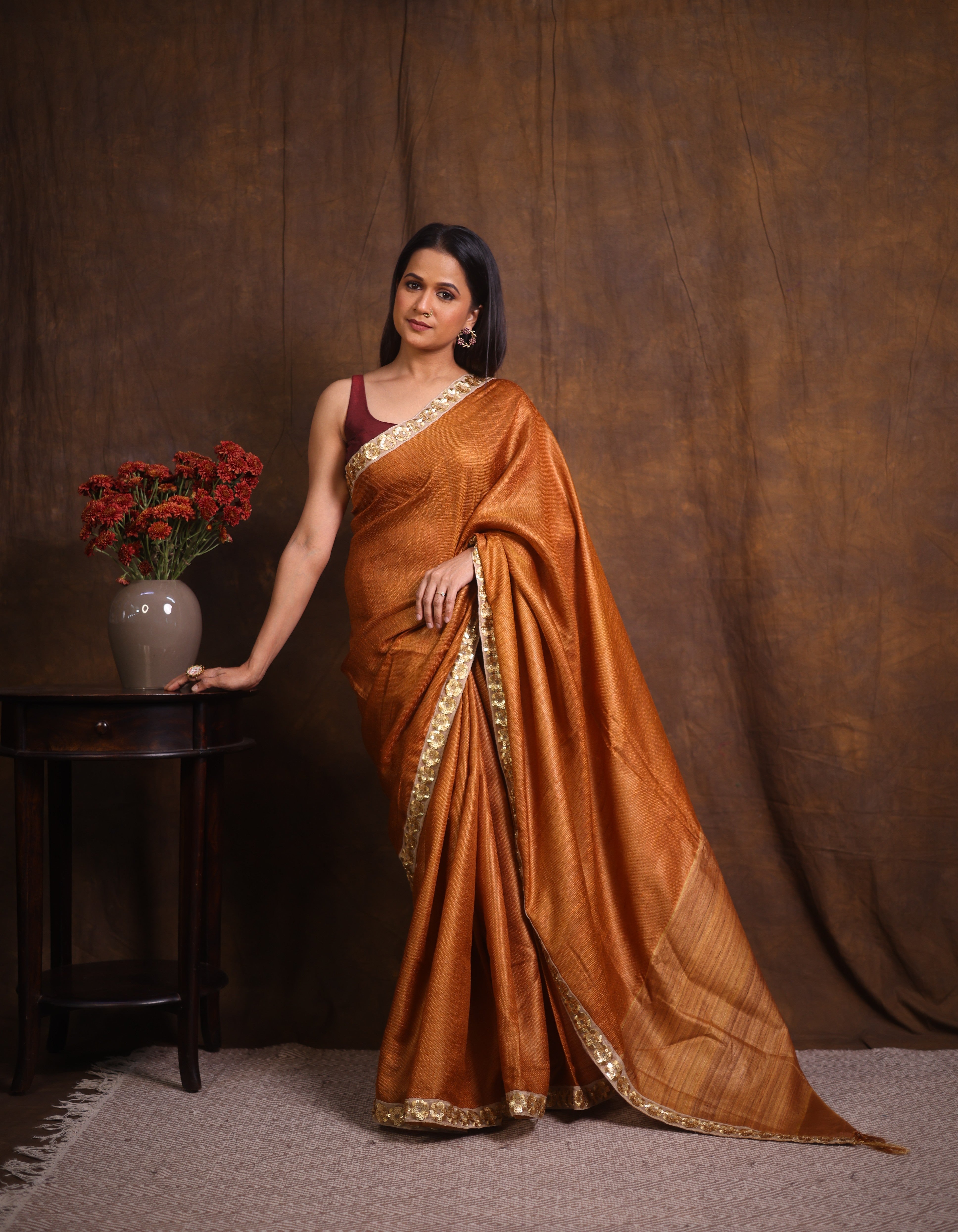 Brown Tussar Silk Saree With Lace - SRBTSSWL04