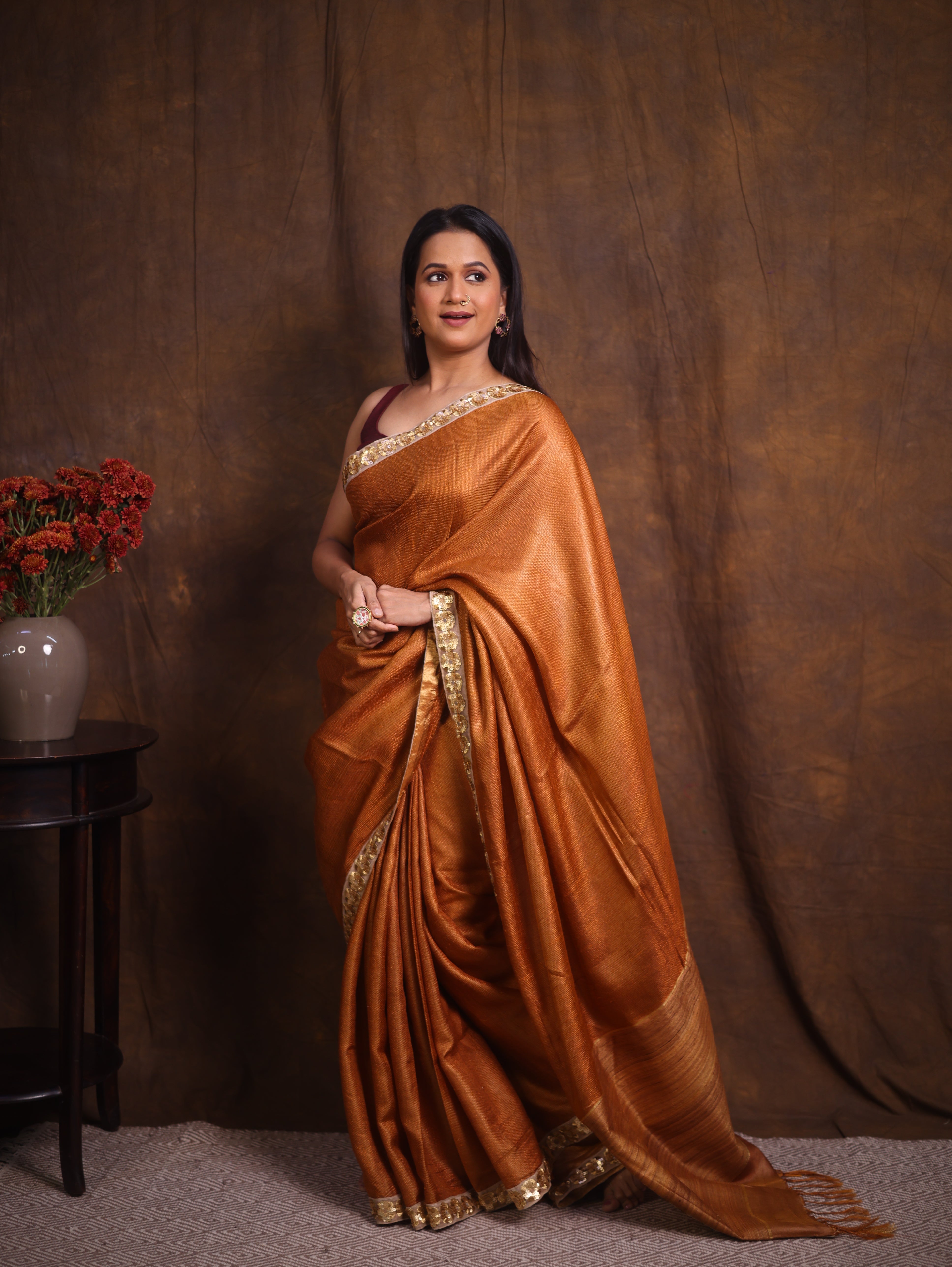 Brown Tussar Silk Saree With Lace - SRBTSSWL04