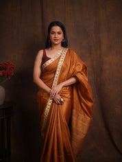 Brown Tussar Silk Saree With Lace - SRBTSSWL04