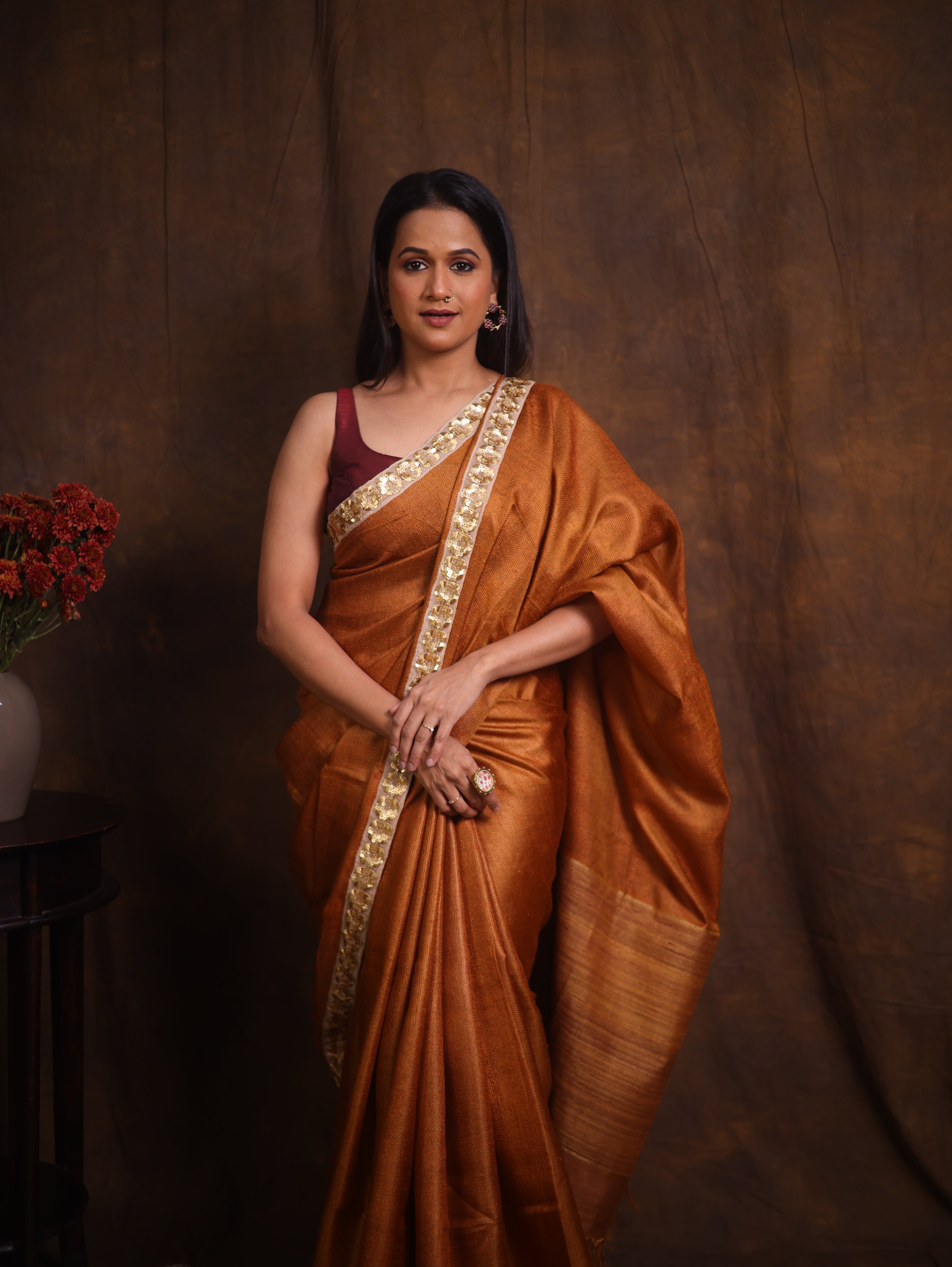 Brown Tussar Silk Saree With Lace - SRBTSSWL04