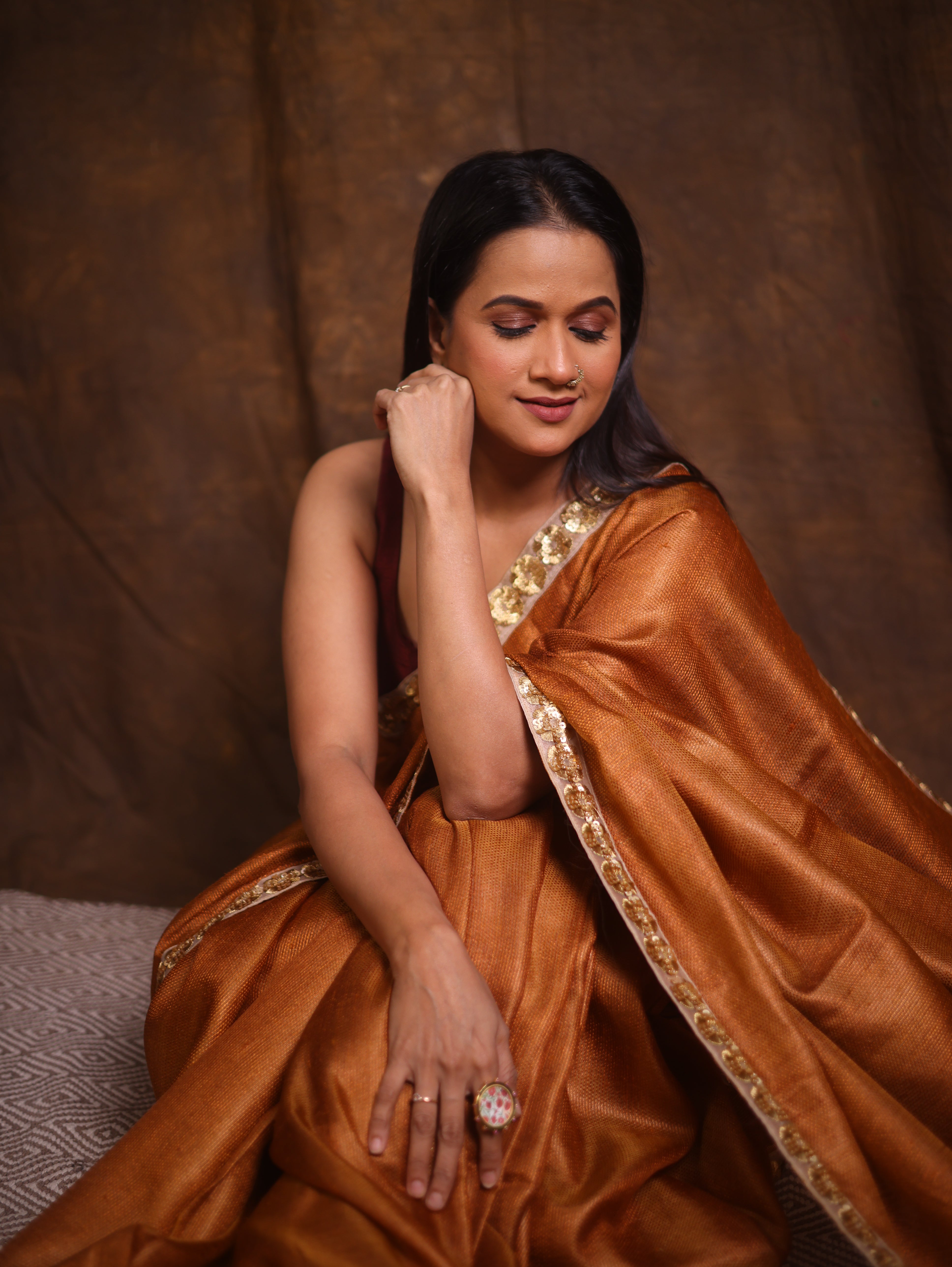 Brown Tussar Silk Saree With Lace - SRBTSSWL04