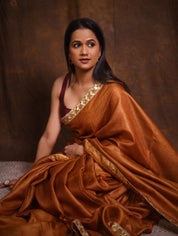 Brown Tussar Silk Saree With Lace - SRBTSSWL04