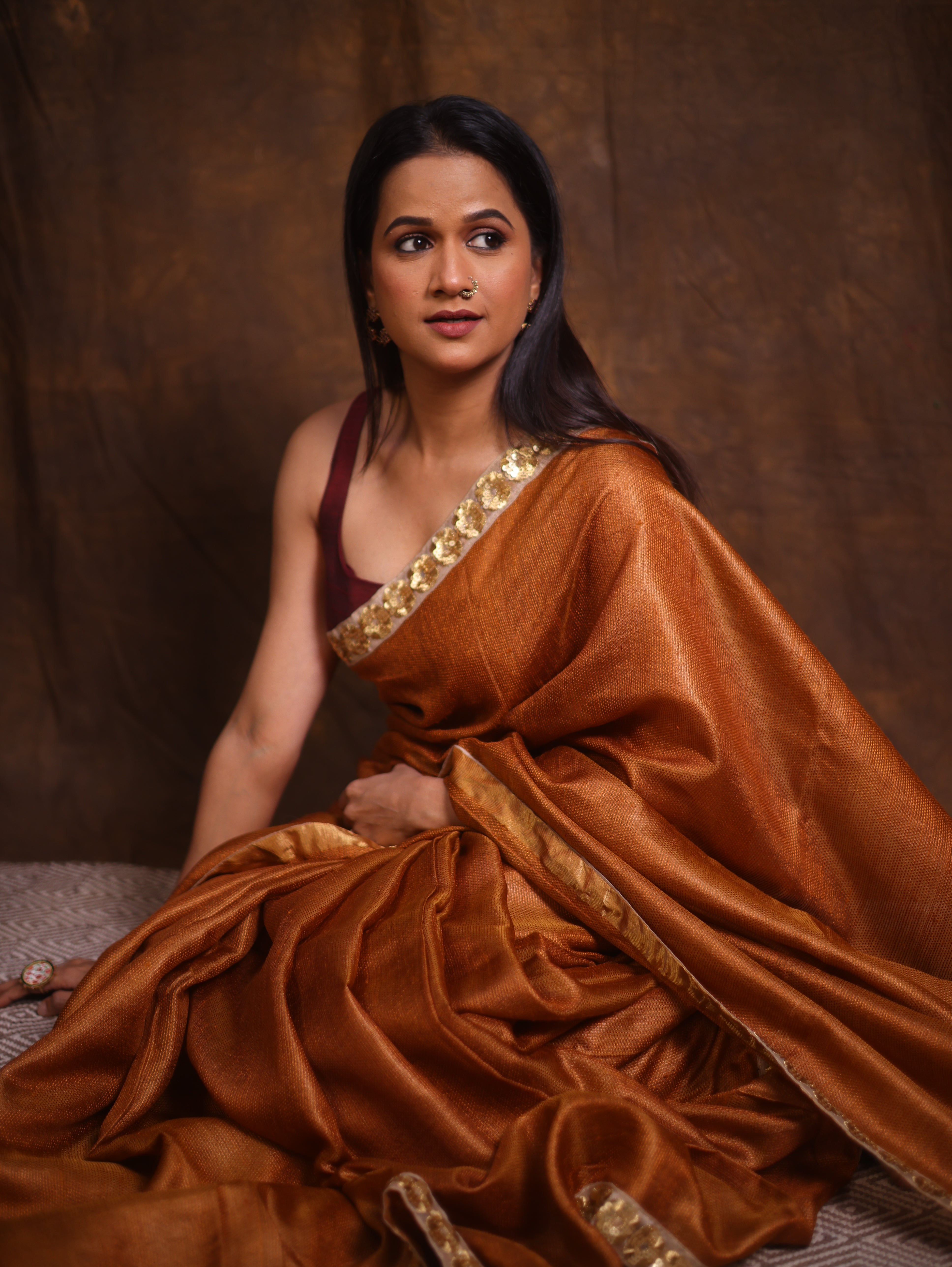 Brown Tussar Silk Saree With Lace - SRBTSSWL04