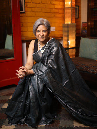 Dark Grey Ghicha Tussar Silk Saree-SRDGGTSS8