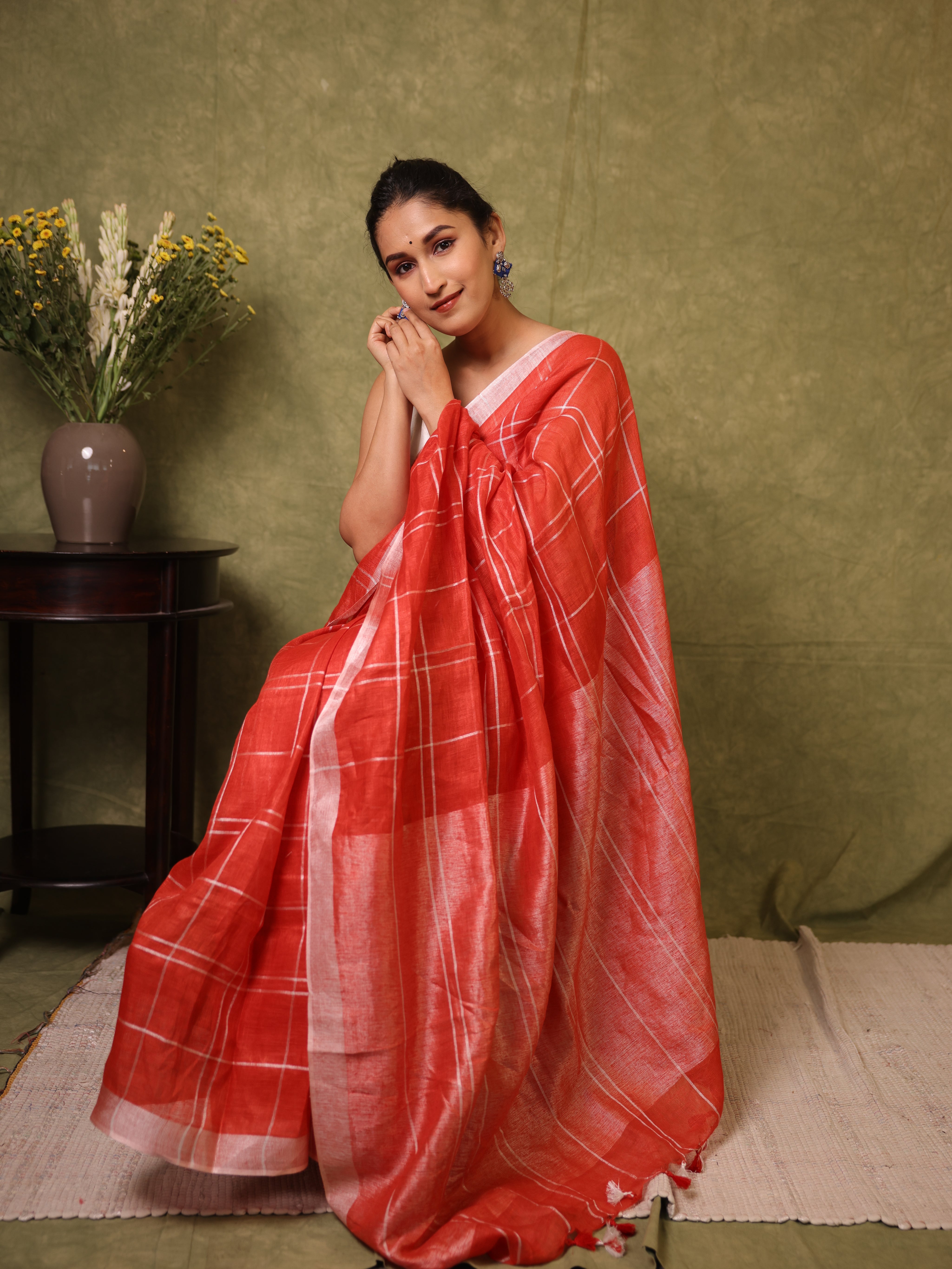Red Linen Saree With Tassels - SRRLS499