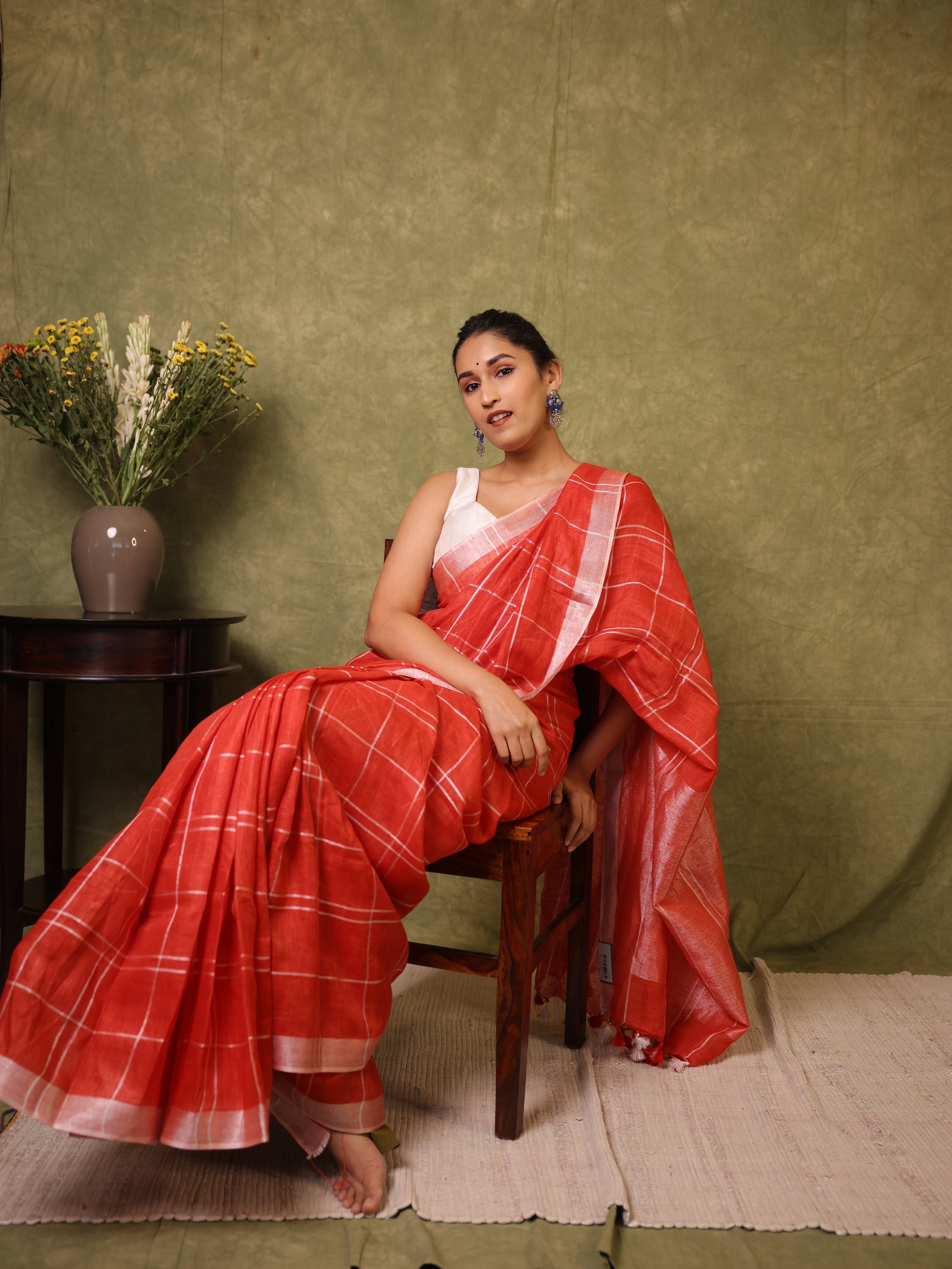 Red Linen Saree With Tassels - SRRLS499