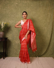 Red Linen Saree With Tassels - SRRLS499