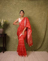 Red Linen Saree With Tassels - SRRLS499
