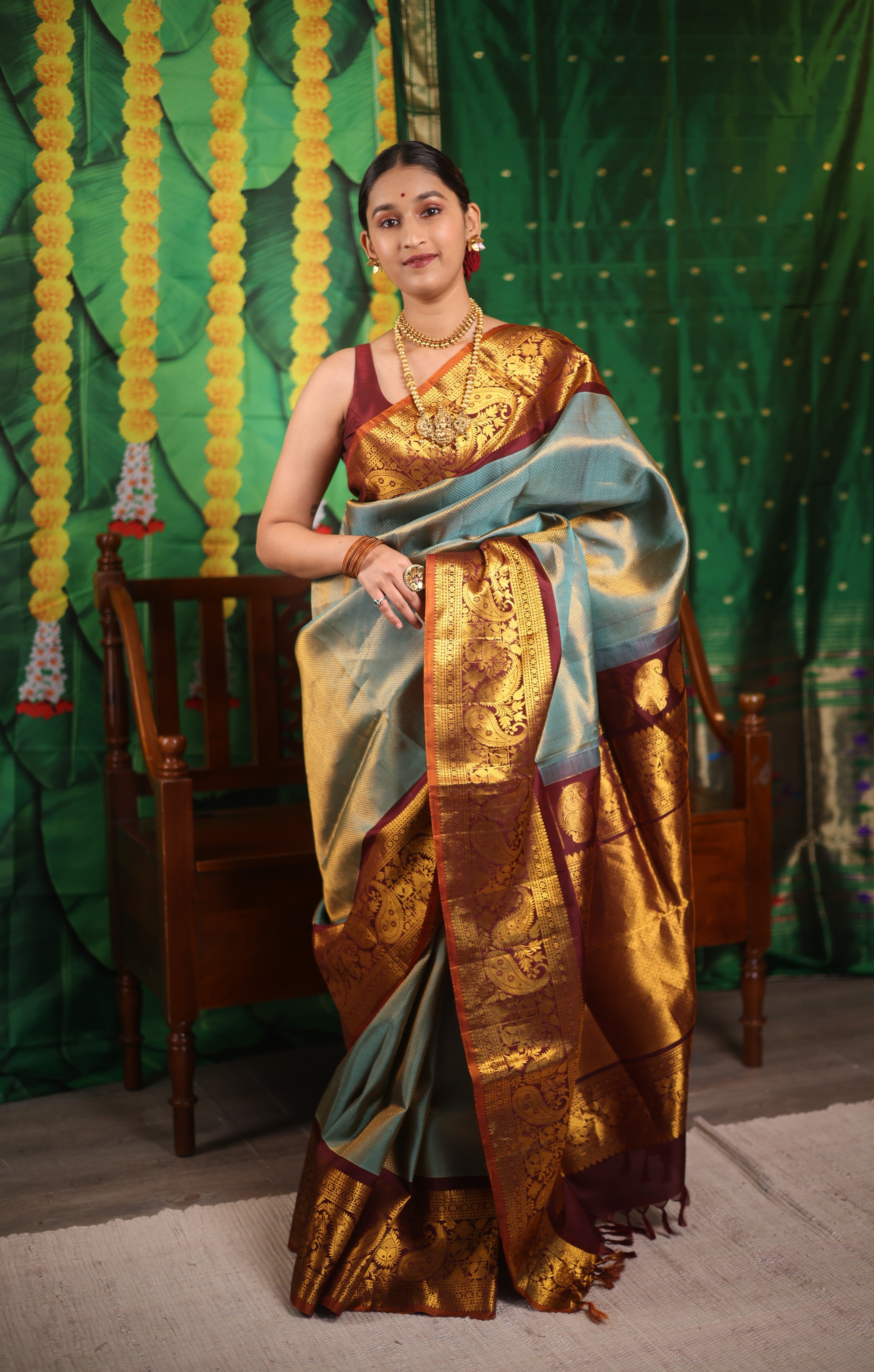Golden Turquoise Gadwal Silk Saree - SRGTGSS520