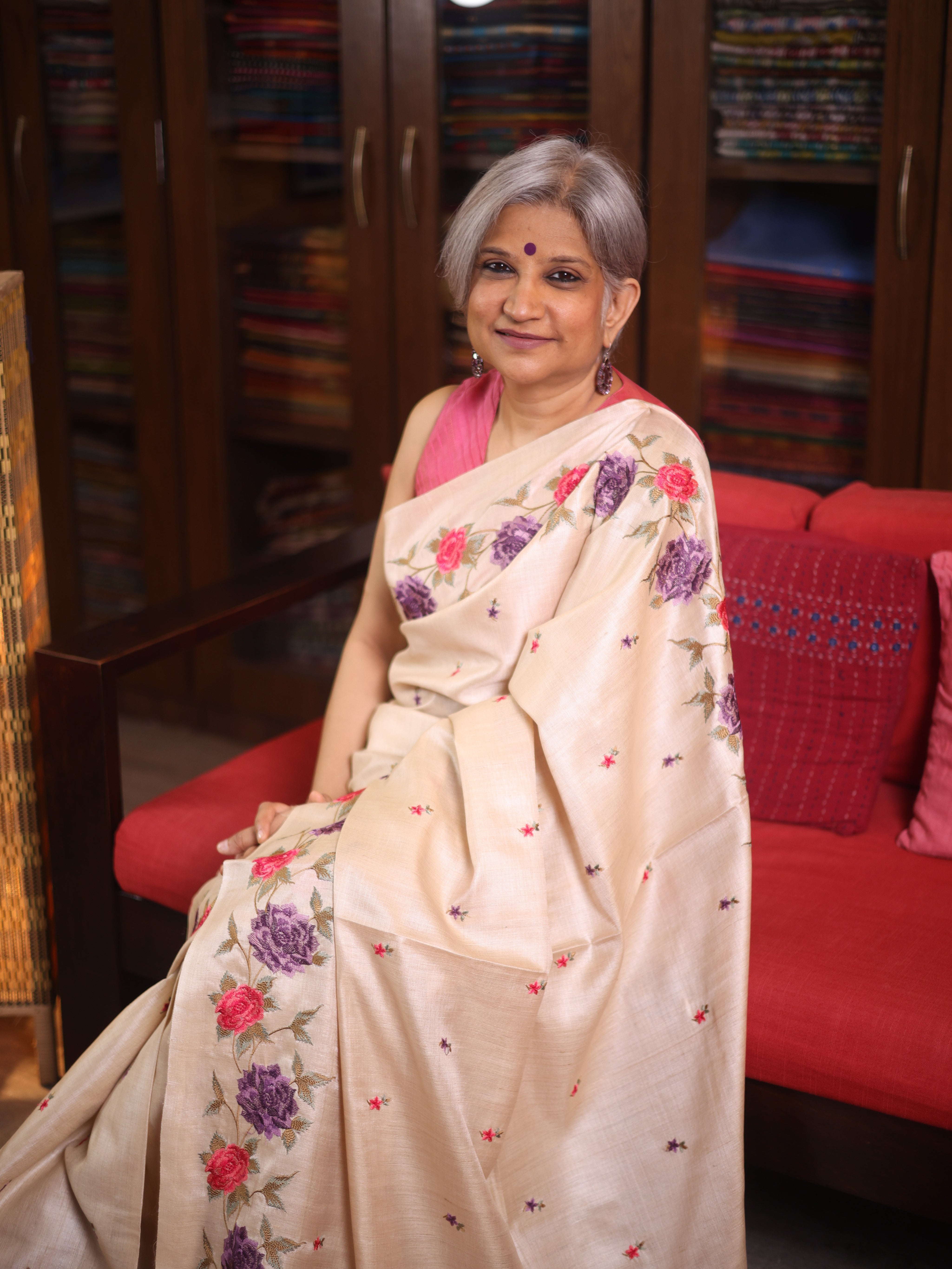 Light Beige Machine Embroidered Tussar Silk Saree - SRLBMETSS1498