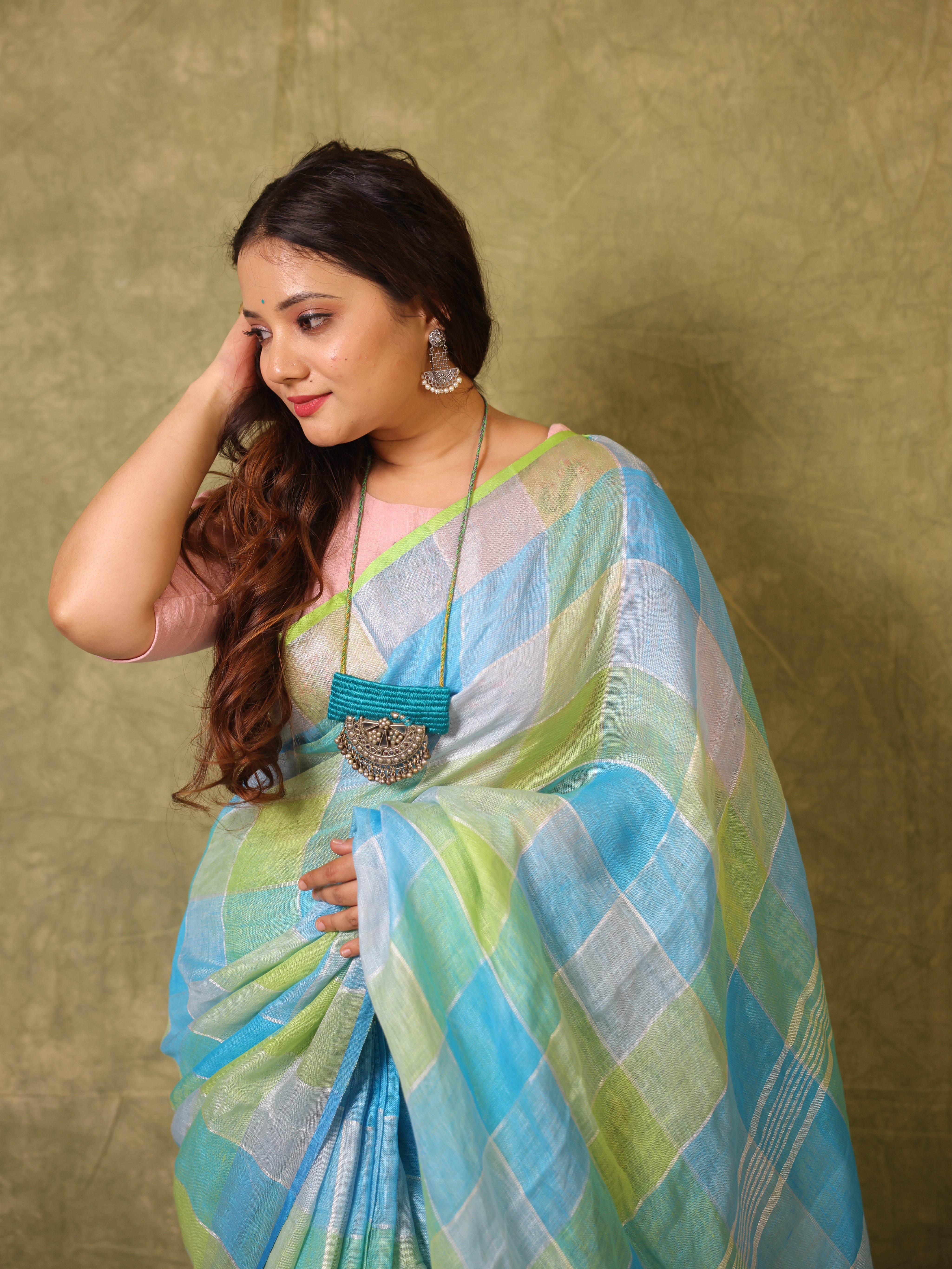 Multicolor Linen Saree With Tassels - SRMLS491