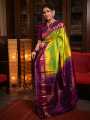 Yellow-Green Checks Kanjivaram Silk Saree - SRYGCKSS1014